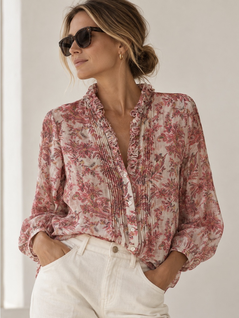 Bogner Floral Ruffle Pintuck Button Down Blouse